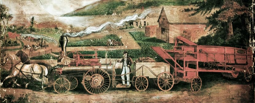 Painting of an early Cooper steam traction engine in a Knox County field.